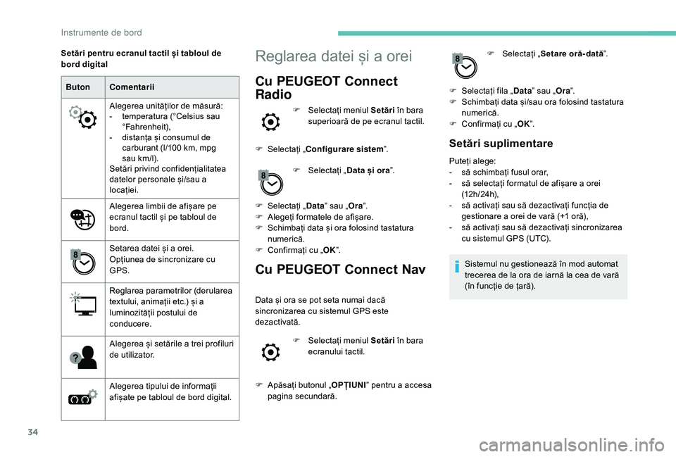 Peugeot 508 2019  Manualul de utilizare (in Romanian) 34
ButonComentarii
Alegerea unităților de măsură:
-
 
t
 emperatura (°Celsius sau 
°Fahrenheit),
-
 
d
 istanța și consumul de 
carburant (l/100 km, mpg 
sau
  km/l).
Setări privind confiden�