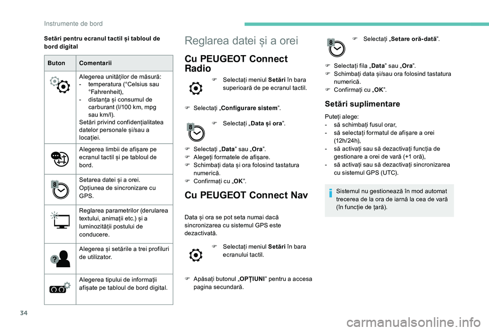 Peugeot 508 2019  Manualul de utilizare (in Romanian) 34
ButonComentarii
Alegerea unităților de măsură:
-
 
t
 emperatura (°Celsius sau 
°Fahrenheit),
-
 
d
 istanța și consumul de 
carburant (l/100 km, mpg 
sau
  km/l).
Setări privind confiden