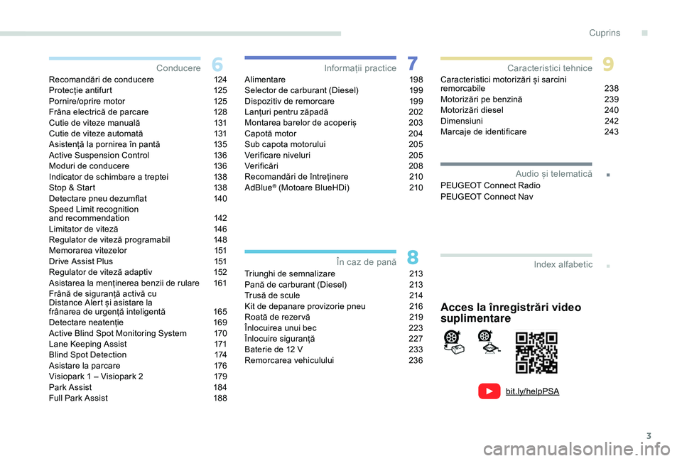 Peugeot 508 2019  Manualul de utilizare (in Romanian) 3
.
bit.ly/helpPSA
.
Recomandări de conducere 124
Protecție antifurt  1 25
Pornire/oprire motor
 
1
 25
Frâna electrică de parcare
 
1
 28
Cutie de viteze manuală
 
1
 31
Cutie de viteze automat�