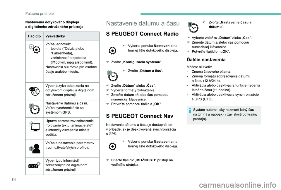 Peugeot 508 2019  Užívateľská príručka (in Slovak) 34
TlačidloVysvetlivky
Voľba jednotiek:
-
 
t
 eplota (°Celzia alebo 
°Fahrenheita),
-
 
v
 zdialenosť a spotreba  
(l/100 km, mpg alebo km/l).
Nastavenia súkromia pre osobné 
údaje a/alebo mi