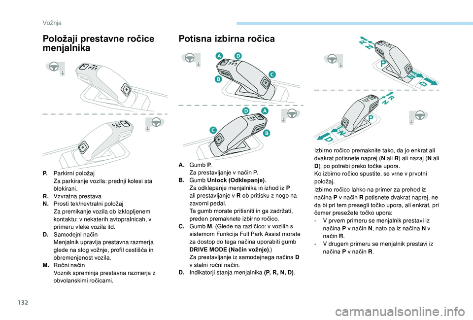 Peugeot 508 2019 Priročnik za lastnika (in Slovenian) 132
Položaji prestavne ročice
menjalnika
P.Parkirni položaj
Za parkiranje vozila: prednji kolesi sta
blokirani.
R. Vzvratna prestava
N. Prosti tek /nevtralni položaj
Za premikanje vozila ob izkl Peugeot 508 2019 Priročnik za lastnika (in Slovenian) 132
Položaji prestavne ročice
menjalnika
P.Parkirni položaj
Za parkiranje vozila: prednji kolesi sta
blokirani.
R. Vzvratna prestava
N. Prosti tek /nevtralni položaj
Za premikanje vozila ob izkl