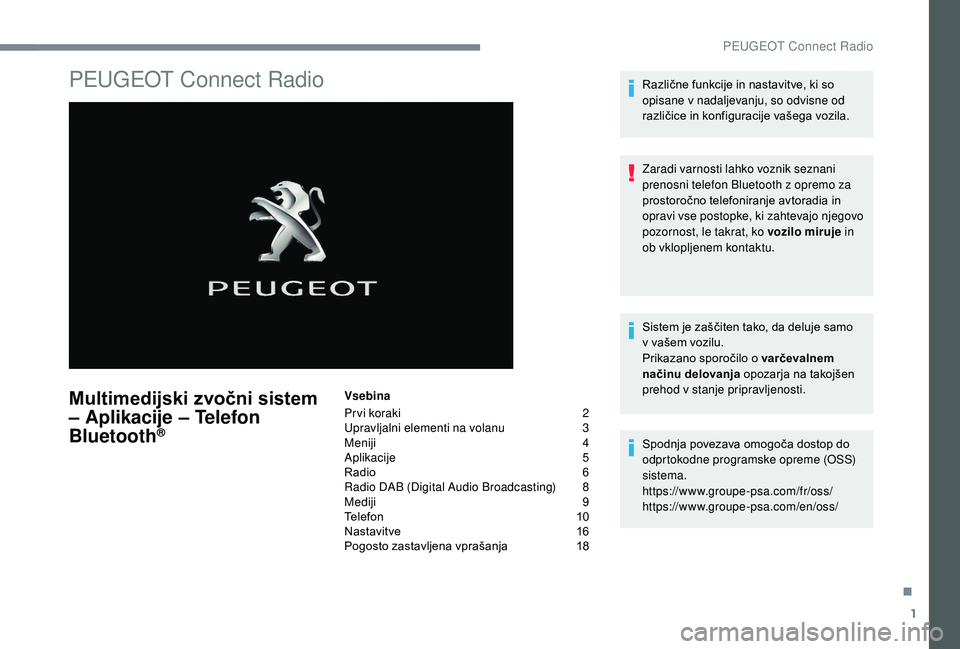 Peugeot 508 2019 Priročnik za lastnika (in Slovenian) 1
PEUGEOT Connect Radio
Multimedijski zvočni sistem
– Aplikacije – Telefon
Bluetooth
®
Vsebina
Pr vi koraki
2
U
pravljalni elementi na volanu
3
M
eniji
4
A
plikacije
5
R
adio Peugeot 508 2019 Priročnik za lastnika (in Slovenian) 1
PEUGEOT Connect Radio
Multimedijski zvočni sistem
– Aplikacije – Telefon
Bluetooth
®
Vsebina
Pr vi koraki
2
U
pravljalni elementi na volanu
3
M
eniji
4
A
plikacije
5
R
adio