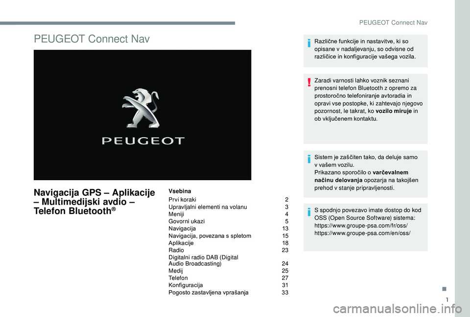 Peugeot 508 2019 Priročnik za lastnika (in Slovenian) 1
PEUGEOT Connect Nav
Navigacija GPS – Aplikacije
– Multimedijski avdio –
Telefon Bluetooth
®
Vsebina
Pr vi koraki
2
U
pravljalni elementi na volanu
3
M
eniji
4
G
ovorni ukazi
5 Peugeot 508 2019 Priročnik za lastnika (in Slovenian) 1
PEUGEOT Connect Nav
Navigacija GPS – Aplikacije
– Multimedijski avdio –
Telefon Bluetooth
®
Vsebina
Pr vi koraki
2
U
pravljalni elementi na volanu
3
M
eniji
4
G
ovorni ukazi
5