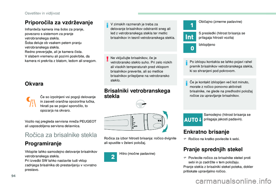 Peugeot 508 2019 Priročnik za lastnika (in Slovenian) 94
Priporočila za vzdrževanje
Infrardeča kamera ima šobo za pranje,
povezano s sistemom za pranje
vetrobranskega stekla.
Šoba deluje ob vsakem petem pranju
vetrobranskega stekla.
Redno preverj Peugeot 508 2019 Priročnik za lastnika (in Slovenian) 94
Priporočila za vzdrževanje
Infrardeča kamera ima šobo za pranje,
povezano s sistemom za pranje
vetrobranskega stekla.
Šoba deluje ob vsakem petem pranju
vetrobranskega stekla.
Redno preverj