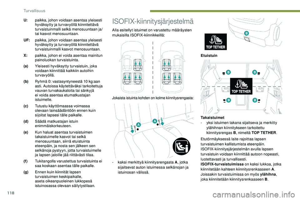 Peugeot 508 2019  Omistajan käsikirja (in Finnish) 118
U:paikka, johon voidaan asentaa yleisesti 
hyväksytty ja tur vavyöllä kiinnitettävä 
turvaistuinmalli selkä menosuuntaan ja/ 
tai kasvot menosuuntaan.
UF: paikka, johon voidaan asentaa yleis