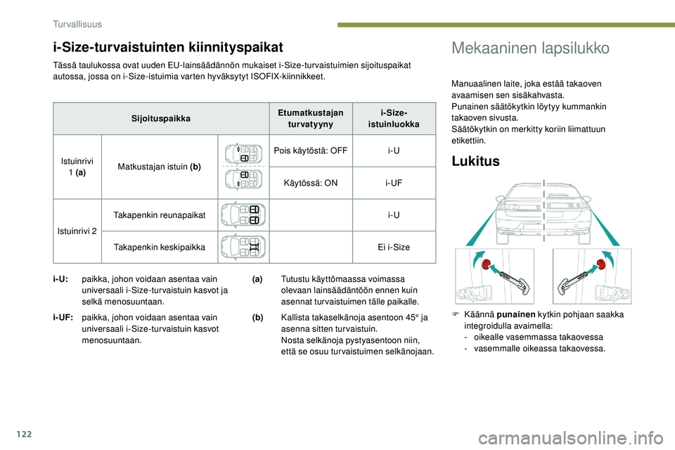 Peugeot 508 2019  Omistajan käsikirja (in Finnish) 122
Tässä taulukossa ovat uuden EU-lainsäädännön mukaiset i-Size-turvaistuimien sijoituspaikat 
autossa, jossa on i-Size-istuimia varten hyväksytyt ISOFIX-kiinnikkeet.
i- U:paikka, johon voidaa