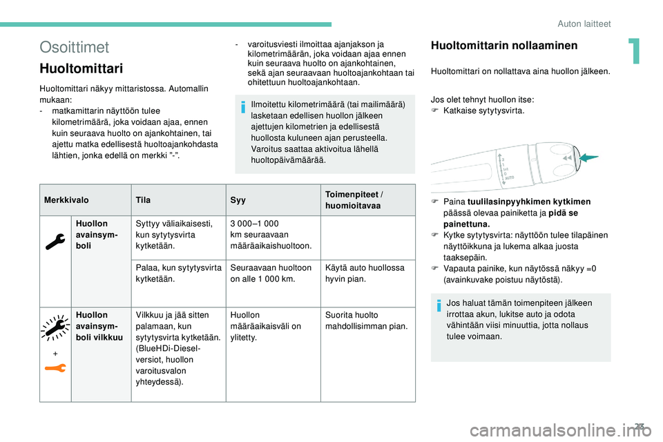 Peugeot 508 2019  Omistajan käsikirja (in Finnish) 23
Osoittimet
Huoltomittari
Huoltomittari näkyy mittaristossa. Automallin 
mukaan:
-
 m
atkamittarin näyttöön tulee 
kilometrimäärä, joka voidaan ajaa, ennen 
kuin seuraava huolto on ajankohtai