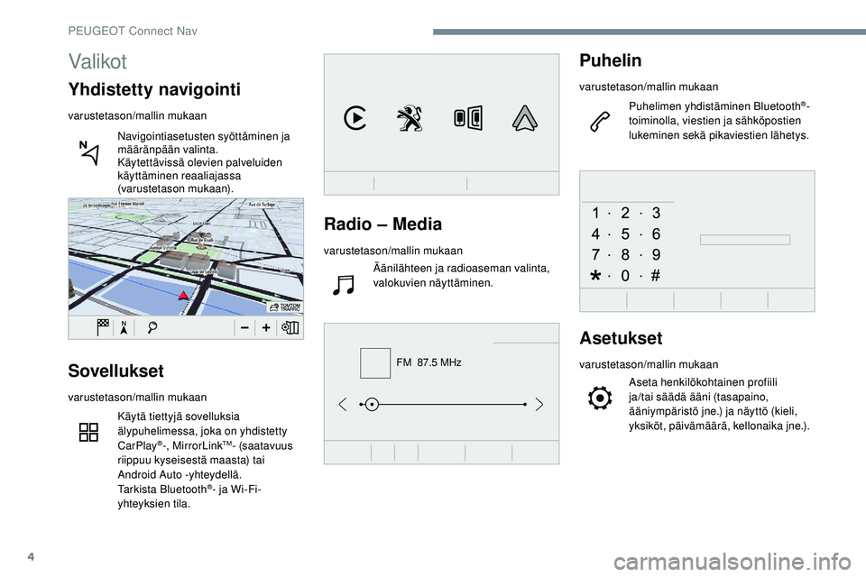 Peugeot 508 2019 Omistajan käsikirja (in Finnish) 4
FM 87.5 MHz
Radio – Media
varustetason/mallin mukaanÄänilähteen ja radioaseman valinta,
valokuvien näyttäminen.
Puhelin
varustetason/mallin mukaan
Puhelimen yhdistäminen Bluetooth
®-
toim Peugeot 508 2019 Omistajan käsikirja (in Finnish) 4
FM 87.5 MHz
Radio – Media
varustetason/mallin mukaanÄänilähteen ja radioaseman valinta,
valokuvien näyttäminen.
Puhelin
varustetason/mallin mukaan
Puhelimen yhdistäminen Bluetooth
®-
toim