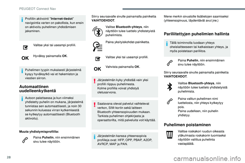 Peugeot 508 2019  Omistajan käsikirja (in Finnish) 28
Profiilin aktivointi ”Internet-tiedot” 
navigointia varten on pakollista, kun ensin 
on aktivoitu puhelimen yhdistämisen 
jakaminen.
Valitse yksi tai useampi profiili.
Hyväksy painamalla OK.
