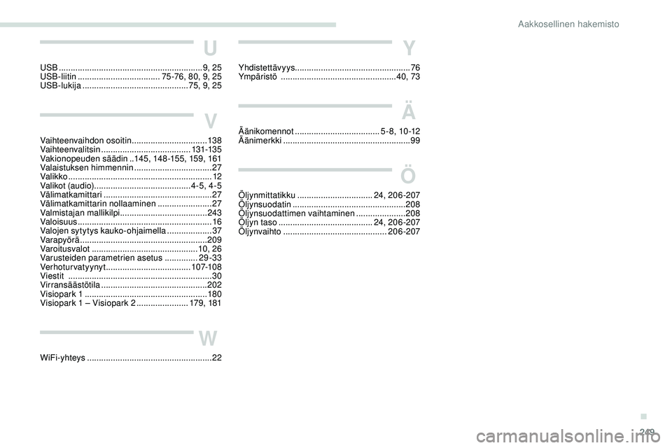 Peugeot 508 2019  Omistajan käsikirja (in Finnish) 249
Y
Yhdistettävyys................................................. 76
Ympäristö   ............................... ..................40, 73
Ä
Äänikomennot  ....................................