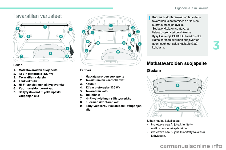 Peugeot 508 2019  Omistajan käsikirja (in Finnish) 81
Tavaratilan varusteet
1.Matkatavaroiden suojapeite
2. 12 V:n pistorasia (120 W)
3. Tavaratilan valaisin
4. Laukkukoukku
5. Hi-Fi-vahvistimen säilytysverkko
6. Kuormansidontarenkaat
7. Säilytyslok