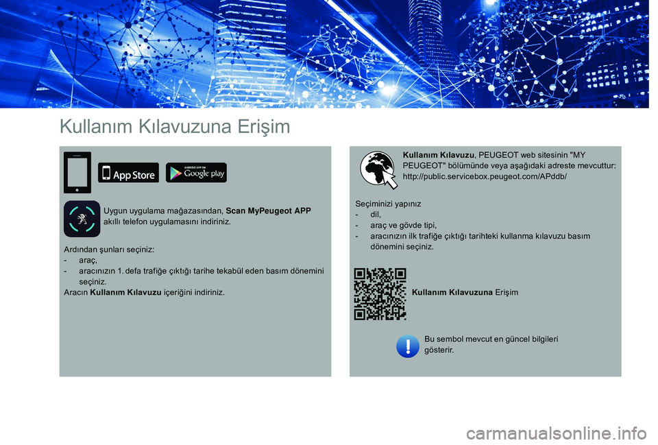 Peugeot 508 2019 Kullanım Kılavuzu (in Turkish) Kullanım Kılavuzuna Erişim
Uygun uygulama mağazasından, Scan MyPeugeot APP
akıllı telefon uygulamasını indiriniz.
Kullanım Kılavuzuna Erişim
Kullanım Kılavuzu
, PEUGEOT web sitesinin Peugeot 508 2019 Kullanım Kılavuzu (in Turkish) Kullanım Kılavuzuna Erişim
Uygun uygulama mağazasından, Scan MyPeugeot APP
akıllı telefon uygulamasını indiriniz.
Kullanım Kılavuzuna Erişim
Kullanım Kılavuzu
, PEUGEOT web sitesinin