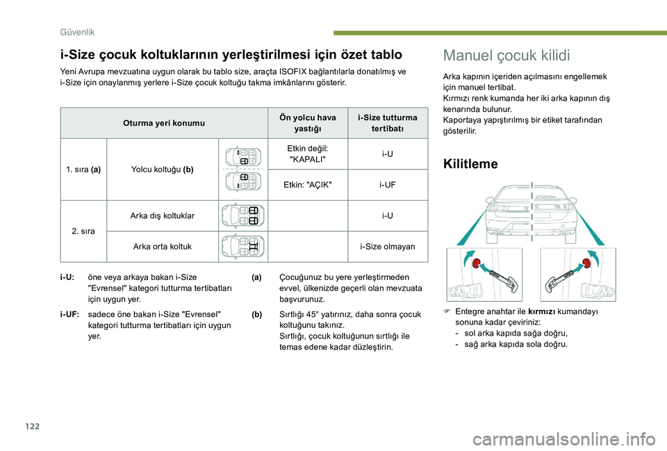 Peugeot 508 2019 Kullanım Kılavuzu (in Turkish) 122
Yeni Avrupa mevzuatına uygun olarak bu tablo size, araçta ISOFIX bağlantılarla donatılmış ve
i-Size için onaylanmış yerlere i-Size çocuk koltuğu takma imkânlarını gösterir.
i- U: Peugeot 508 2019 Kullanım Kılavuzu (in Turkish) 122
Yeni Avrupa mevzuatına uygun olarak bu tablo size, araçta ISOFIX bağlantılarla donatılmış ve
i-Size için onaylanmış yerlere i-Size çocuk koltuğu takma imkânlarını gösterir.
i- U:
