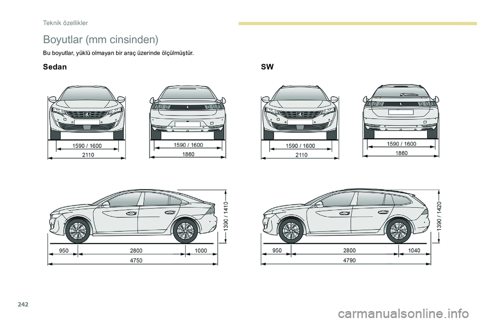 Peugeot 508 2019  Kullanım Kılavuzu (in Turkish) 242
Boyutlar (mm cinsinden)
Bu boyutlar, yüklü olmayan bir araç üzerinde ölçülmüştür.
SedanSW 
T  