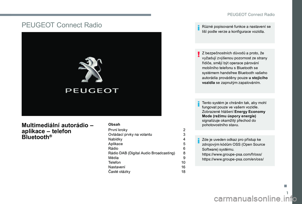 Peugeot 508 2019 Návod k obsluze (in Czech) 1
PEUGEOT Connect Radio
Multimediální autorádio –
a plikace – telefon
Bluetooth
®
Obsah
Pr vní kroky
2
O
vládací pr vky na volantu
3
N
abídky
4
A
plikace
5
R
ádio
6
R Peugeot 508 2019 Návod k obsluze (in Czech) 1
PEUGEOT Connect Radio
Multimediální autorádio –
a plikace – telefon
Bluetooth
®
Obsah
Pr vní kroky
2
O
vládací pr vky na volantu
3
N
abídky
4
A
plikace
5
R
ádio
6
R
