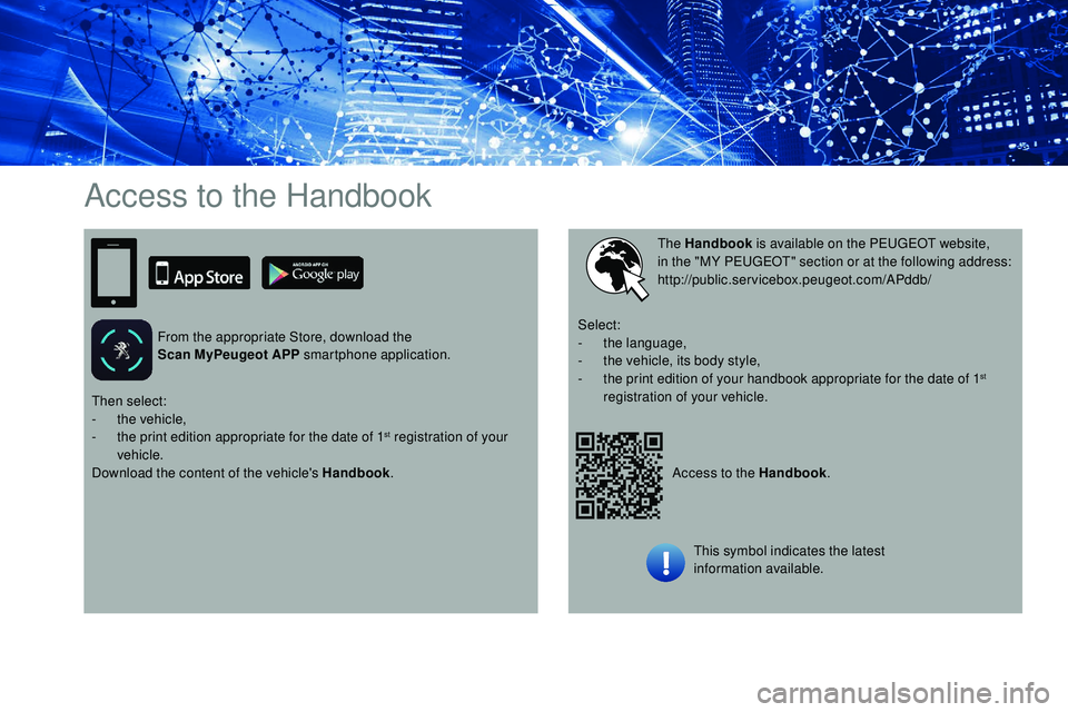 Peugeot 508 2018 Owners Manual Access to the Handbook
From the appropriate Store, download the
Scan MyPeugeot APP smartphone application.
Access to the Handbook.
The Handbook
is available on the PEUGEOT website,
in the "M Peugeot 508 2018 Owners Manual Access to the Handbook
From the appropriate Store, download the
Scan MyPeugeot APP smartphone application.
Access to the Handbook.
The Handbook
is available on the PEUGEOT website,
in the "M