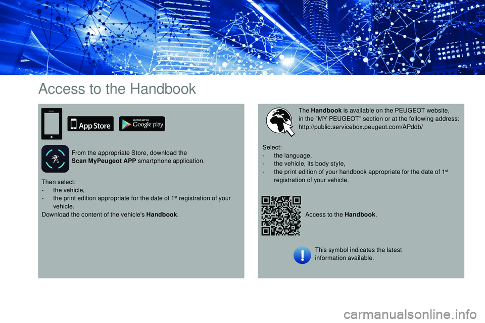 Peugeot 508 2018  Owners Manual Access to the Handbook
From the appropriate Store, download the 
Scan MyPeugeot APP  smartphone application.
Access to the Handbook.
The Handbook
 is available on the PEUGEOT website, 
in   the "M