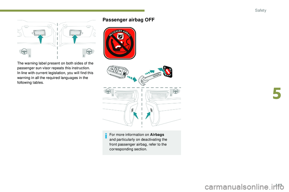 Peugeot 508 2018  Owners Manual 113
The warning label present on both sides of the 
passenger sun visor repeats this instruction.
In line with current legislation, you will find this 
warning in all the required languages in the 
fo