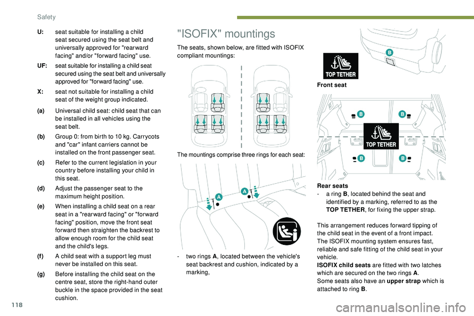 Peugeot 508 2018 Owners Manual 118
U:seat suitable for installing a child
seat secured using the seat belt and
universally approved for "rearward
facing" and/or "forward facing" use.
UF: seat suitable for install Peugeot 508 2018 Owners Manual 118
U:seat suitable for installing a child
seat secured using the seat belt and
universally approved for "rearward
facing" and/or "forward facing" use.
UF: seat suitable for install