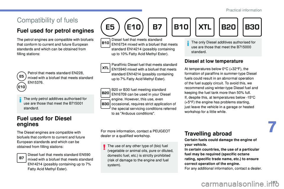 Peugeot 508 2018 Owners Manual 197
Compatibility of fuels
Fuel used for petrol engines
The petrol engines are compatible with biofuels
that conform to current and future European
standards and which can be obtained from
fi Peugeot 508 2018 Owners Manual 197
Compatibility of fuels
Fuel used for petrol engines
The petrol engines are compatible with biofuels
that conform to current and future European
standards and which can be obtained from
fi