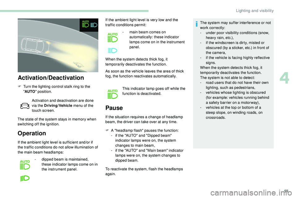 Peugeot 508 2018  Owners Manual 91
Activation/Deactivation
F Turn the lighting control stalk ring to the "AUTO " position.
Activation and deactivation are done 
via the Driving/Vehicle  menu of the 
touch screen.
The state o