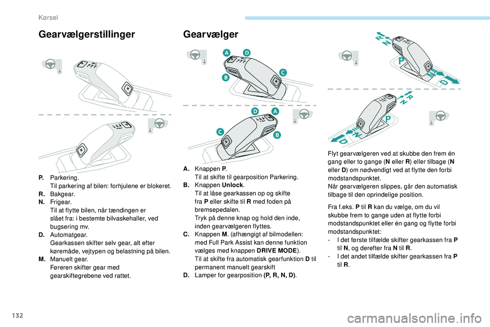 Peugeot 508 2018 Instruktionsbog (in Danish) 132
Gearvælgerstillinger
P.Parkering.
Til parkering af bilen: forhjulene er blokeret.
R. B a kg e a r.
N. Fr i g e a r.
Til at flytte bilen, når tændingen er
slået fra: i bestemte bilvaskehaller, Peugeot 508 2018 Instruktionsbog (in Danish) 132
Gearvælgerstillinger
P.Parkering.
Til parkering af bilen: forhjulene er blokeret.
R. B a kg e a r.
N. Fr i g e a r.
Til at flytte bilen, når tændingen er
slået fra: i bestemte bilvaskehaller,