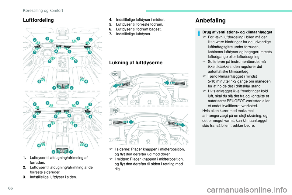 Peugeot 508 2018 Instruktionsbog (in Danish) 66
Luftfordeling
1.Luftdyser til afdugning/afrimning af
forruden.
2. Luftdyser til afdugning/afrimning af de
forreste sideruder.
3. Indstillelige luftdyser i siden. 4.
Indstillelige luftdyser i midt Peugeot 508 2018 Instruktionsbog (in Danish) 66
Luftfordeling
1.Luftdyser til afdugning/afrimning af
forruden.
2. Luftdyser til afdugning/afrimning af de
forreste sideruder.
3. Indstillelige luftdyser i siden. 4.
Indstillelige luftdyser i midt