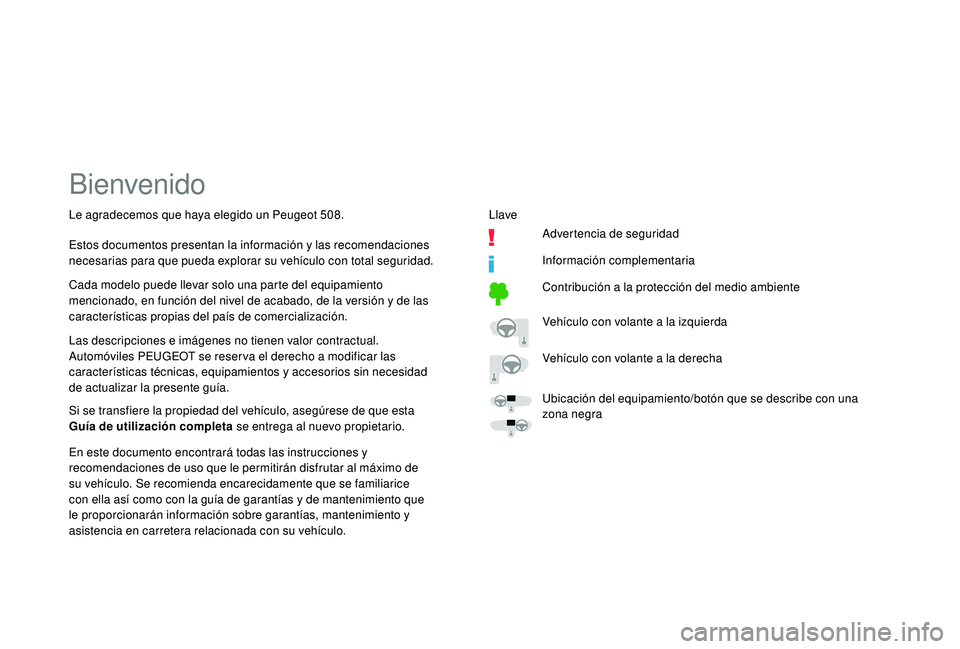 Peugeot 508 2018 Manual del propietario (in Spanish) Bienvenido
Las descripciones e imágenes no tienen valor contractual.
Automóviles PEUGEOT se reser va el derecho a modificar las
características técnicas, equipamientos y accesorios sin necesidad Peugeot 508 2018 Manual del propietario (in Spanish) Bienvenido
Las descripciones e imágenes no tienen valor contractual.
Automóviles PEUGEOT se reser va el derecho a modificar las
características técnicas, equipamientos y accesorios sin necesidad
