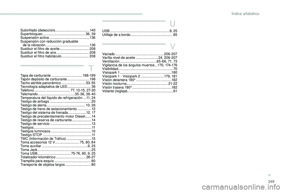 Peugeot 508 2018 Manual del propietario (in Spanish) 249
U
USB ................................................................ 9, 25
Utillaje de a bordo ............................................. 85
V
Vaciado ........................................ Peugeot 508 2018 Manual del propietario (in Spanish) 249
U
USB ................................................................ 9, 25
Utillaje de a bordo ............................................. 85
V
Vaciado ........................................
