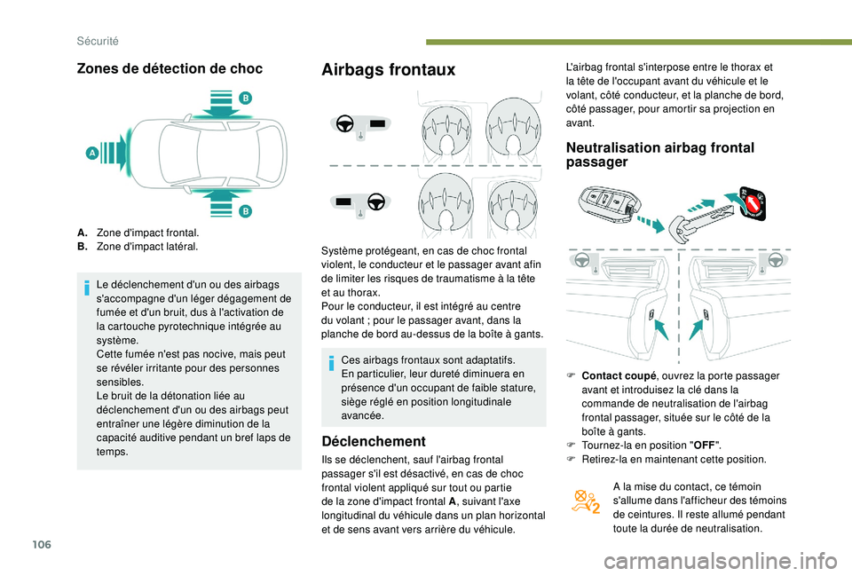 Peugeot 508 2018  Manuel du propriétaire (in French) 106
Zones de détection de choc
A.Zone d'impact frontal.
B. Zone d'impact latéral.
Le déclenchement d'un ou des airbags 
s'accompagne d'un léger dégagement de 
fumée et d'