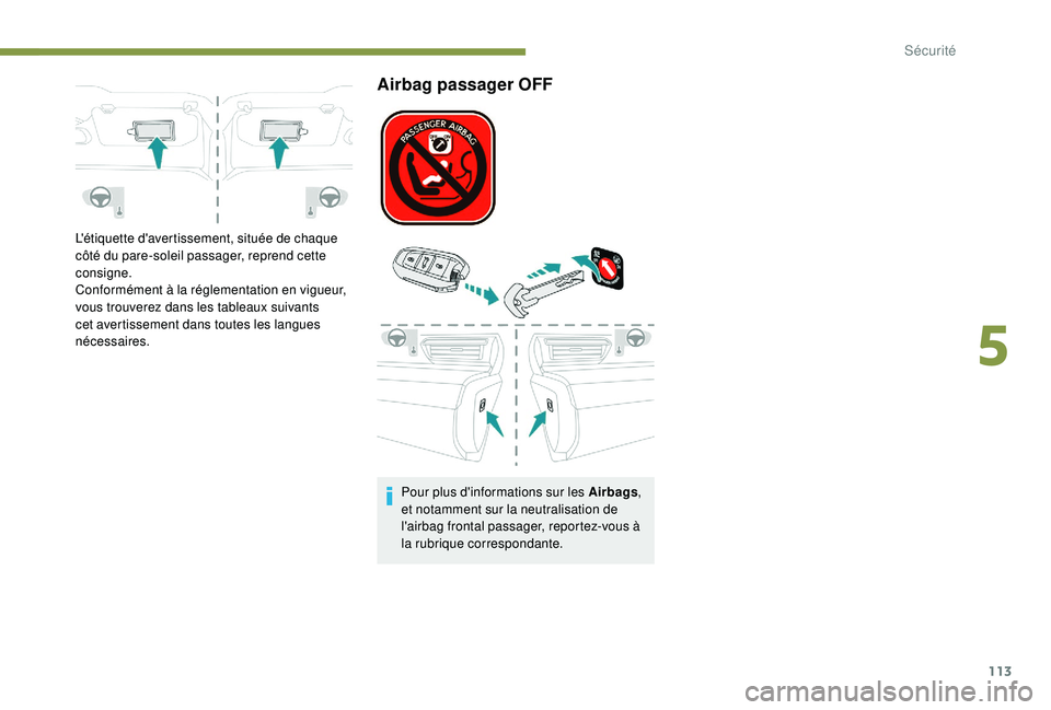 Peugeot 508 2018  Manuel du propriétaire (in French) 113
L'étiquette d'avertissement, située de chaque 
côté du pare-soleil passager, reprend cette 
consigne.
Conformément à la réglementation en vigueur, 
vous trouverez dans les tableaux 