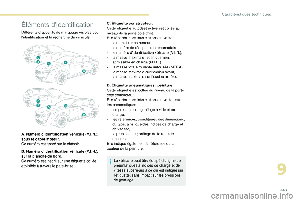 Peugeot 508 2018 Manuel du propriétaire (in French) 243
Éléments d'identification
Différents dispositifs de marquage visibles pour
l'identification et la recherche du véhicule.
A. Numéro d'identification véhicule (V.I.N.),
sous le c Peugeot 508 2018 Manuel du propriétaire (in French) 243
Éléments d'identification
Différents dispositifs de marquage visibles pour
l'identification et la recherche du véhicule.
A. Numéro d'identification véhicule (V.I.N.),
sous le c
