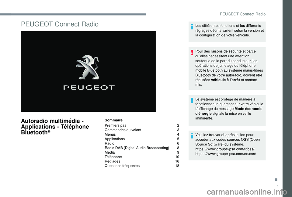 Peugeot 508 2018 Manuel du propriétaire (in French) 1
PEUGEOT Connect Radio
Autoradio multimédia -
Applications - Téléphone
Bluetooth
®
Sommaire
Premiers pas
2
C
ommandes au volant
3
M
enus
4
A
pplications
5
R
adio
6
R
adio DAB Peugeot 508 2018 Manuel du propriétaire (in French) 1
PEUGEOT Connect Radio
Autoradio multimédia -
Applications - Téléphone
Bluetooth
®
Sommaire
Premiers pas
2
C
ommandes au volant
3
M
enus
4
A
pplications
5
R
adio
6
R
adio DAB