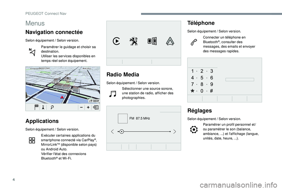 Peugeot 508 2018  Manuel du propriétaire (in French) 4
FM  87.5 MHz
Radio Media
Selon équipement / Selon version.Sélectionner une source sonore, 
une station de radio, afficher des 
photographies.
Téléphone
Selon équipement / Selon version.
Connect