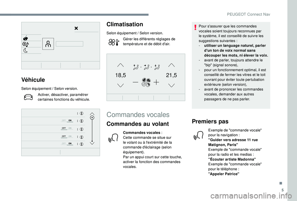 Peugeot 508 2018  Manuel du propriétaire (in French) 5
21,518,5Véhicule
Selon équipement / Selon version.Activer, désactiver, paramétrer 
certaines fonctions du véhicule.
Climatisation
Selon équipement / Selon version.Gérer les différents régla