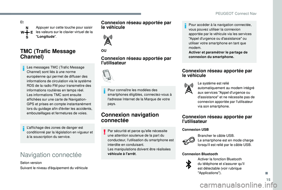 Peugeot 508 2018  Manuel du propriétaire (in French) 15
EtAppuyer sur cette touche pour saisir 
les valeurs sur le clavier virtuel de la 
"Longitude ".
TMC (Trafic Message 
Channel)
Les messages TMC (Trafic Message 
Channel) sont liés à une no