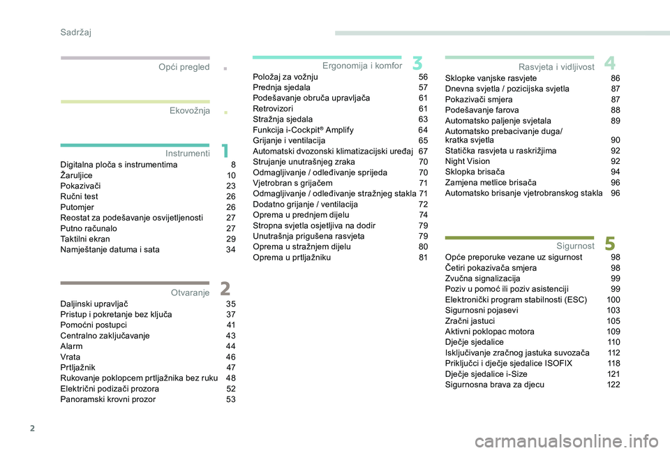 Peugeot 508 2018  Vodič za korisnike (in Croatian) 2
.
.
Digitalna ploča s instrumentima 8
Ž aruljice 1 0
Pokazivači
 2

3
Ručni test
 
2
 6
Putomjer
 2

6
Reostat za podešavanje osvijetljenosti
 
2
 7
Putno računalo
 
2
 7
Taktilni ekran
 
2
 9