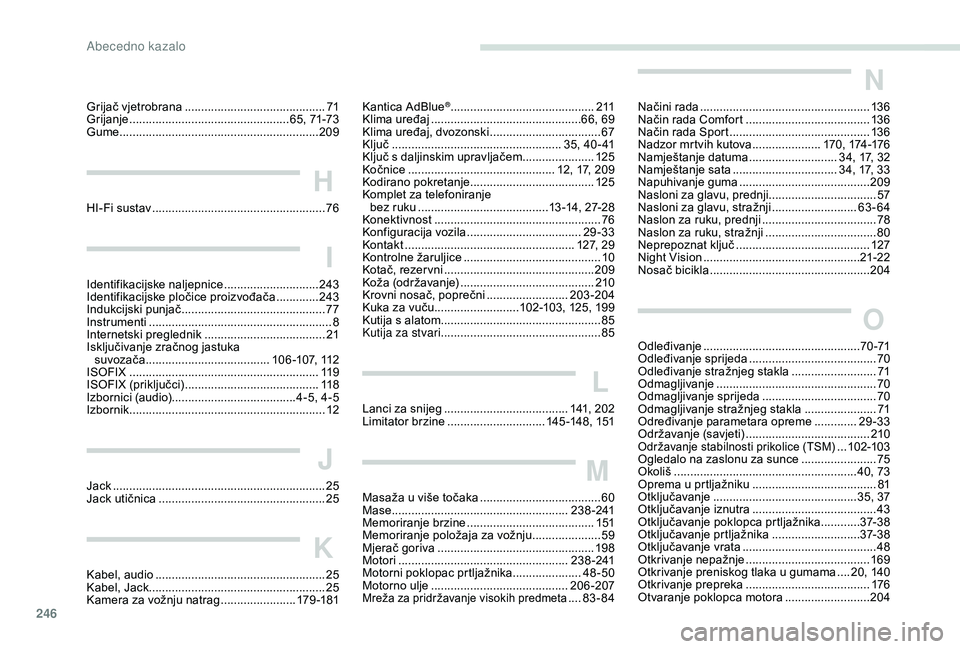 Peugeot 508 2018  Vodič za korisnike (in Croatian) 246
Kantica AdBlue® ............................................2 11
Klima uređaj
 
.............................................. 66, 69
Klima uređaj, dvozonski
 
.................................
