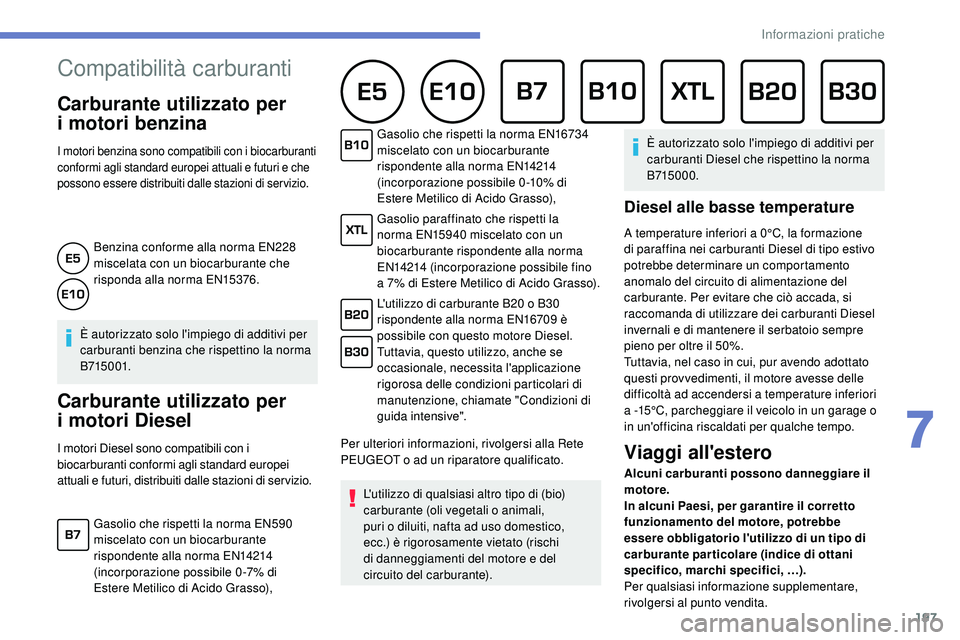 Peugeot 508 2018 Manuale del proprietario (in Italian) 197
Compatibilità carburanti
Carburante utilizzato per
i
motori benzina
I motori benzina sono compatibili con i biocarburanti
conformi agli standard europei attuali e futuri e che
possono Peugeot 508 2018 Manuale del proprietario (in Italian) 197
Compatibilità carburanti
Carburante utilizzato per
i
motori benzina
I motori benzina sono compatibili con i biocarburanti
conformi agli standard europei attuali e futuri e che
possono