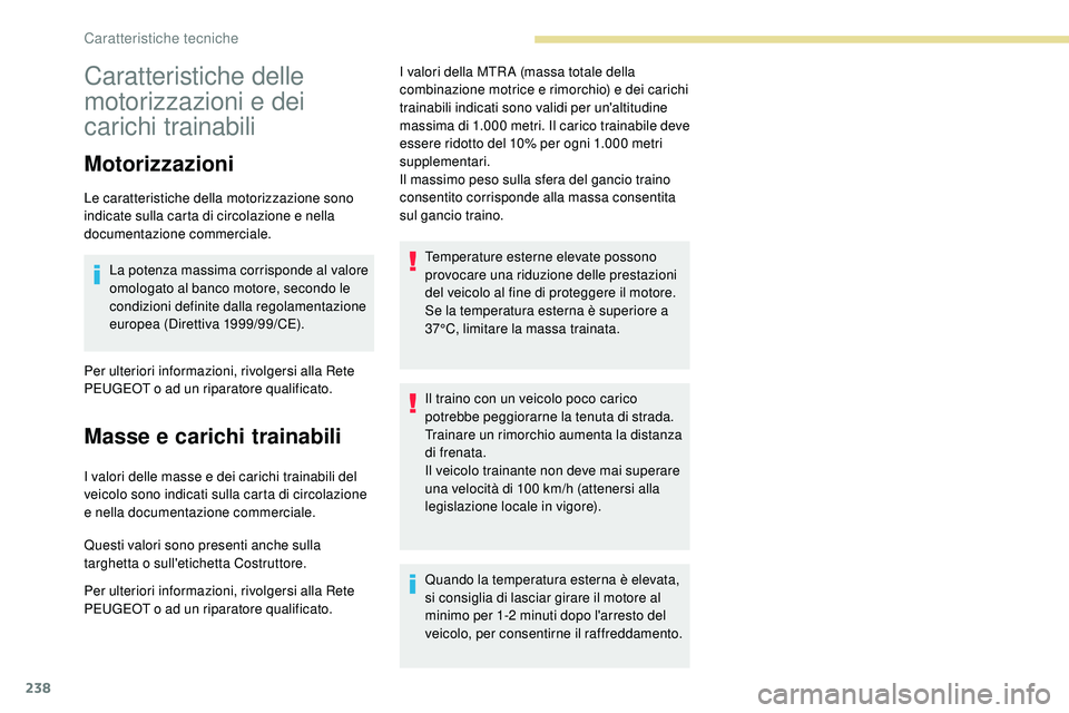 Peugeot 508 2018 Manuale del proprietario (in Italian) 238
Caratteristiche delle
motorizzazioni e dei
carichi trainabili
Motorizzazioni
Le caratteristiche della motorizzazione sono
indicate sulla carta di circolazione e nella
documentazione commercial Peugeot 508 2018 Manuale del proprietario (in Italian) 238
Caratteristiche delle
motorizzazioni e dei
carichi trainabili
Motorizzazioni
Le caratteristiche della motorizzazione sono
indicate sulla carta di circolazione e nella
documentazione commercial