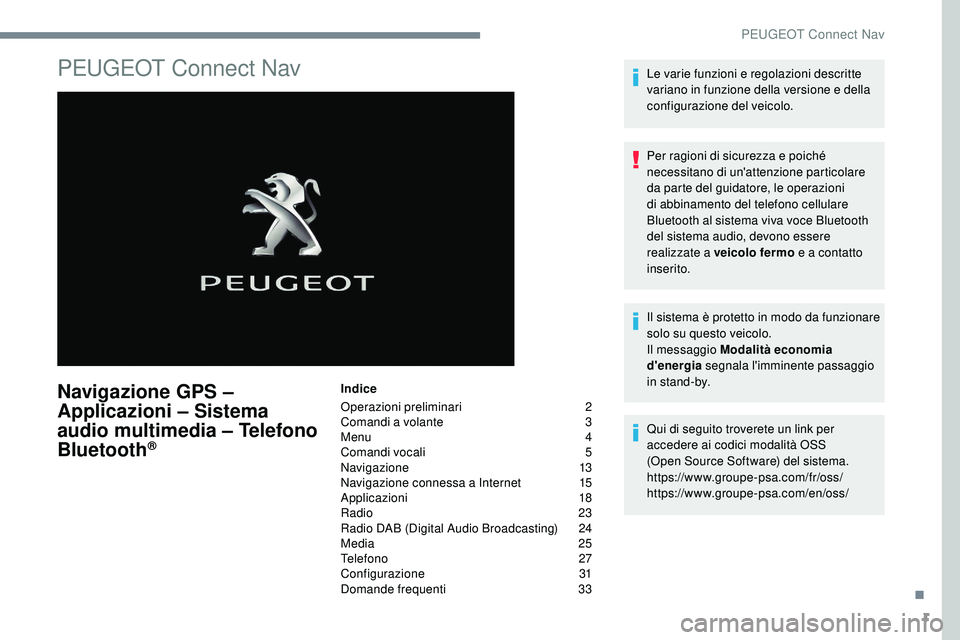 Peugeot 508 2018 Manuale del proprietario (in Italian) 1
PEUGEOT Connect Nav
Navigazione GPS –
Applicazioni – Sistema
audio multimedia – Telefono
Bluetooth
®
Indice
Operazioni preliminari
2
C
omandi a volante
3
M
enu
4
C
omandi vocali Peugeot 508 2018 Manuale del proprietario (in Italian) 1
PEUGEOT Connect Nav
Navigazione GPS –
Applicazioni – Sistema
audio multimedia – Telefono
Bluetooth
®
Indice
Operazioni preliminari
2
C
omandi a volante
3
M
enu
4
C
omandi vocali