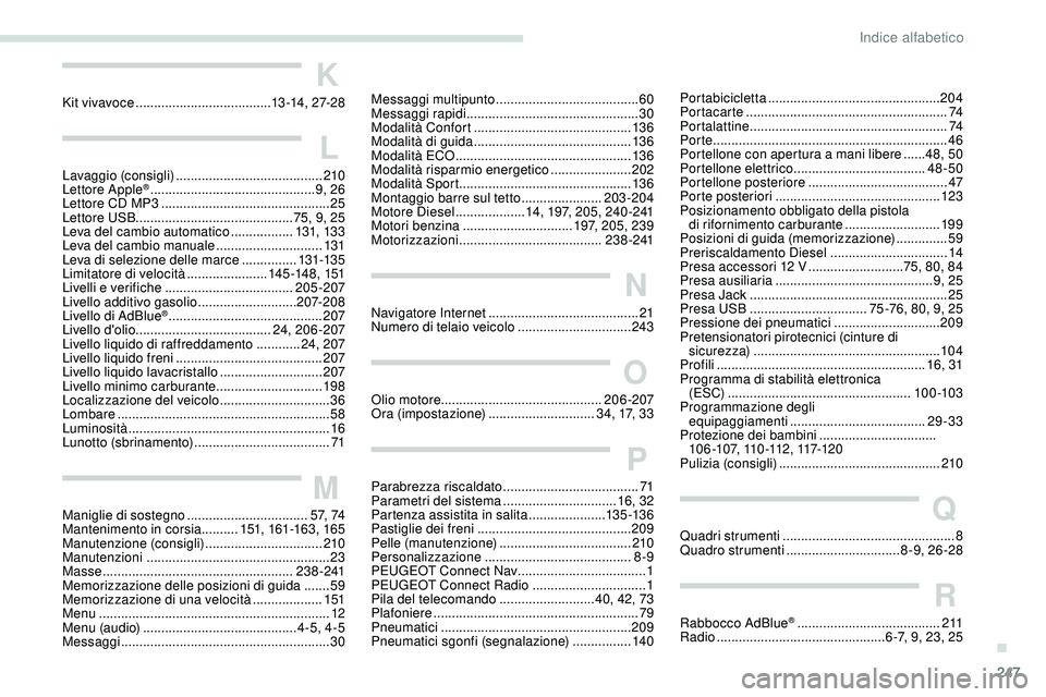 Peugeot 508 2018 Manuale del proprietario (in Italian) 247
K
Kit vivavoce ..................................... 13 -14, 27-2 8
L
Lavaggio (consigli) ........................................ 210
Lettore Apple® ............................................. Peugeot 508 2018 Manuale del proprietario (in Italian) 247
K
Kit vivavoce ..................................... 13 -14, 27-2 8
L
Lavaggio (consigli) ........................................ 210
Lettore Apple® .............................................