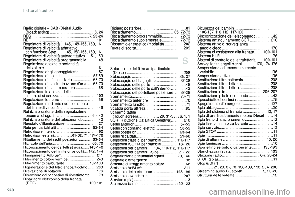 Peugeot 508 2018 Manuale del proprietario (in Italian) 248
Radio digitale – DAB (Digital Audio Broadcasting) ........................................... 8, 24
RDS
................
........................................ 7, 2 3 - 2 4
REF
.......... Peugeot 508 2018 Manuale del proprietario (in Italian) 248
Radio digitale – DAB (Digital Audio Broadcasting) ........................................... 8, 24
RDS
................
........................................ 7, 2 3 - 2 4
REF
..........
