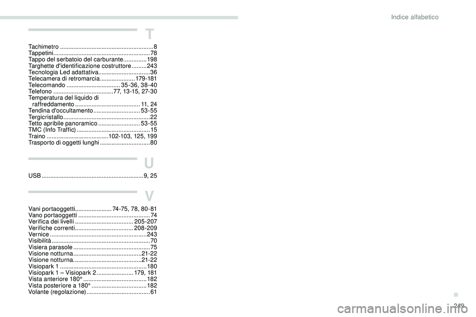 Peugeot 508 2018 Manuale del proprietario (in Italian) 249
T
Tachimetro ........................................................8
Tappetini .......................................................... 78
T
appo del serbatoio del carburante ..............1 Peugeot 508 2018 Manuale del proprietario (in Italian) 249
T
Tachimetro ........................................................8
Tappetini .......................................................... 78
T
appo del serbatoio del carburante ..............1