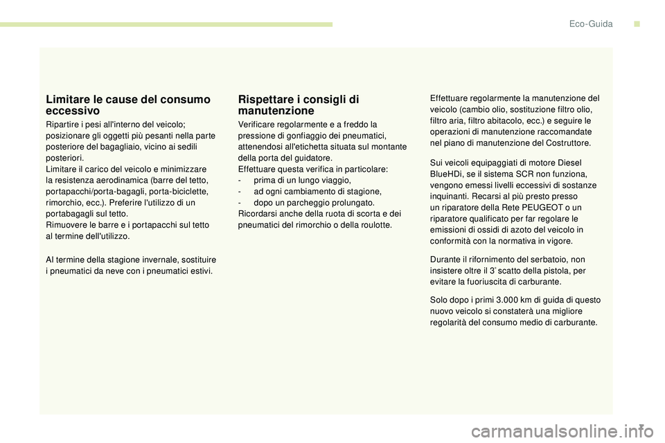 Peugeot 508 2018 Manuale del proprietario (in Italian) 7
Limitare le cause del consumo
eccessivo
Ripartire i pesi all'interno del veicolo;
posizionare gli oggetti più pesanti nella parte
posteriore del bagagliaio, vicino ai sedili
posteriori.
Lim Peugeot 508 2018 Manuale del proprietario (in Italian) 7
Limitare le cause del consumo
eccessivo
Ripartire i pesi all'interno del veicolo;
posizionare gli oggetti più pesanti nella parte
posteriore del bagagliaio, vicino ai sedili
posteriori.
Lim