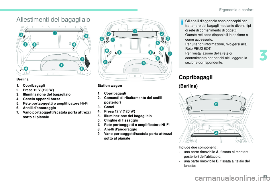 Peugeot 508 2018  Manuale del proprietario (in Italian) 81
Allestimenti del bagagliaio
1.Copribagagli
2. Presa 12 V (120 W)
3. Illuminazione del bagagliaio
4. Gancio appendi borsa
5. Rete por taoggetti o amplificatore Hi- Fi
6. Anelli d'ancoraggio
7. V Peugeot 508 2018  Manuale del proprietario (in Italian) 81
Allestimenti del bagagliaio
1.Copribagagli
2. Presa 12 V (120 W)
3. Illuminazione del bagagliaio
4. Gancio appendi borsa
5. Rete por taoggetti o amplificatore Hi- Fi
6. Anelli d'ancoraggio
7. V