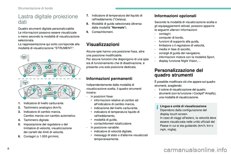 Peugeot 508 2018 Manuale del proprietario (in Italian) 8
Lastra digitale proiezione
dati
Quadro strumenti digitale personalizzabile.
Le informazioni possono essere visualizzate
o meno secondo la modalità di visualizzazione
selezionata.
La rappresenta Peugeot 508 2018 Manuale del proprietario (in Italian) 8
Lastra digitale proiezione
dati
Quadro strumenti digitale personalizzabile.
Le informazioni possono essere visualizzate
o meno secondo la modalità di visualizzazione
selezionata.
La rappresenta