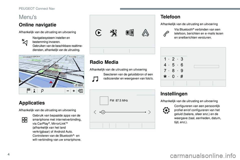 Peugeot 508 2018 Handleiding (in Dutch) 4
FM 87.5 MHz
Radio Media
Afhankelijk van de uitrusting en uitvoeringSeecteren van de geluidsbron of een
radiozender en weergeven van foto's.
Telefoon
Afhankelijk van de uitrusting en uitvoering Peugeot 508 2018 Handleiding (in Dutch) 4
FM 87.5 MHz
Radio Media
Afhankelijk van de uitrusting en uitvoeringSeecteren van de geluidsbron of een
radiozender en weergeven van foto's.
Telefoon
Afhankelijk van de uitrusting en uitvoering