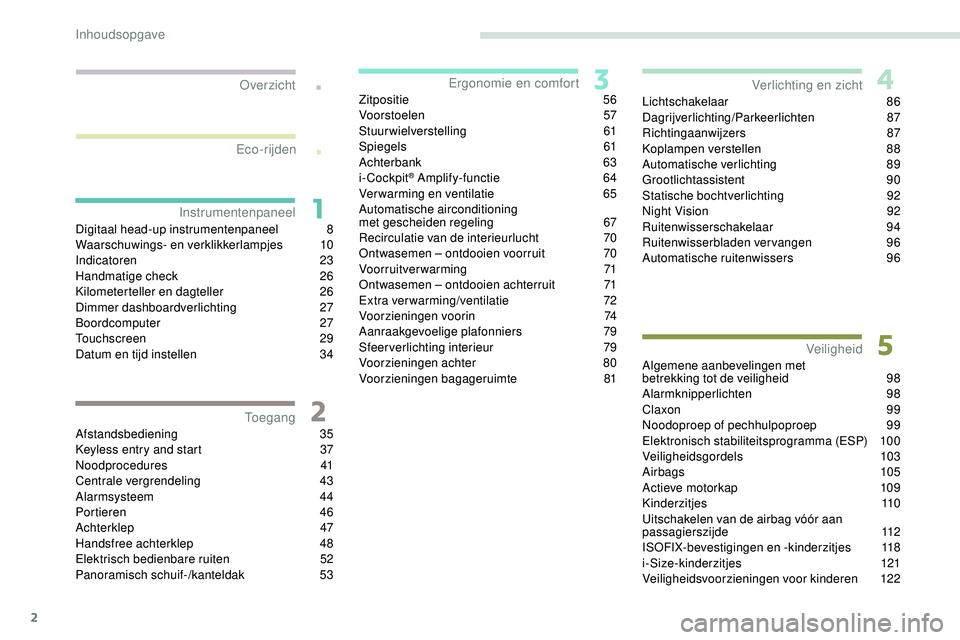 Peugeot 508 2018  Handleiding (in Dutch) 2
.
.
Digitaal head-up instrumentenpaneel 8
W aarschuwings- en verklikkerlampjes 1 0
Indicatoren
 2

3
Handmatige check
 2

6
Kilometerteller en dagteller
 26
D

immer dashboardverlichting
 2
 7
Boord