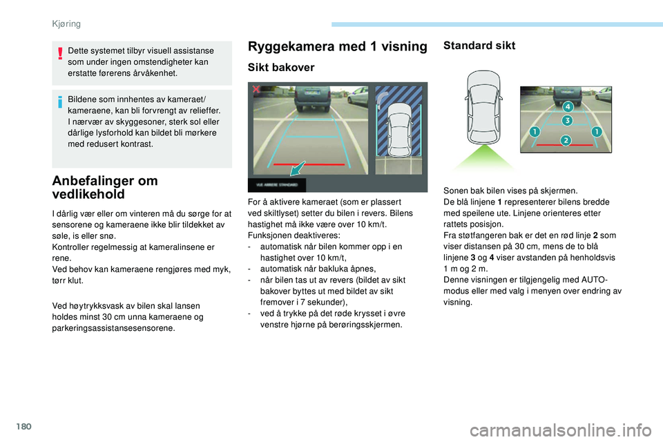 Peugeot 508 2018 Brukerhåndbok (in Norwegian) 180
Dette systemet tilbyr visuell assistanse
som under ingen omstendigheter kan
erstatte førerens årvåkenhet.
Bildene som innhentes av kameraet /
kameraene, kan bli for vrengt av relieffer.
I næ Peugeot 508 2018 Brukerhåndbok (in Norwegian) 180
Dette systemet tilbyr visuell assistanse
som under ingen omstendigheter kan
erstatte førerens årvåkenhet.
Bildene som innhentes av kameraet /
kameraene, kan bli for vrengt av relieffer.
I næ